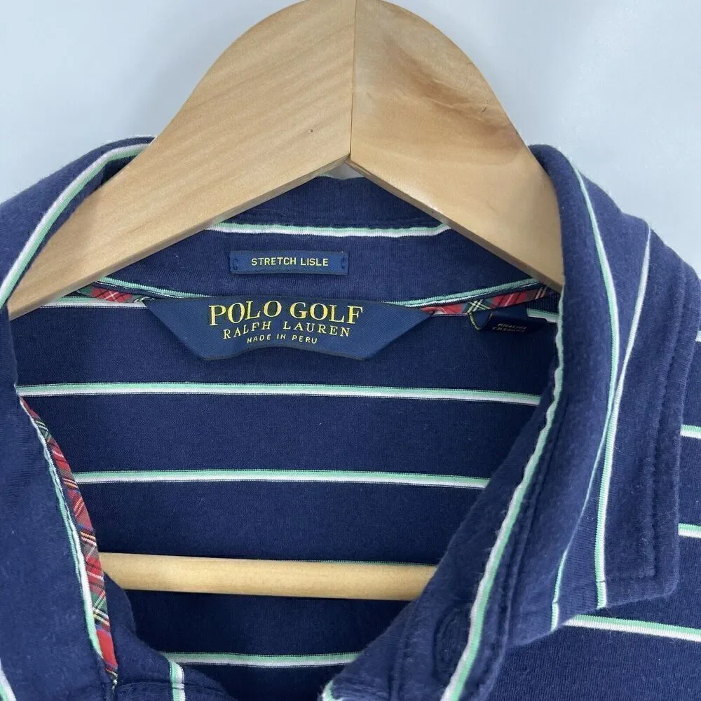 Polo Golf Ralph Lauren Shirt Size Large Mens Navy Stripe Lisle Plaid Trim Wick